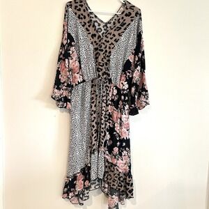 Gigio Plus Patchwork Floral Dress Sz 2XL Animal Print Ruffle Artsy